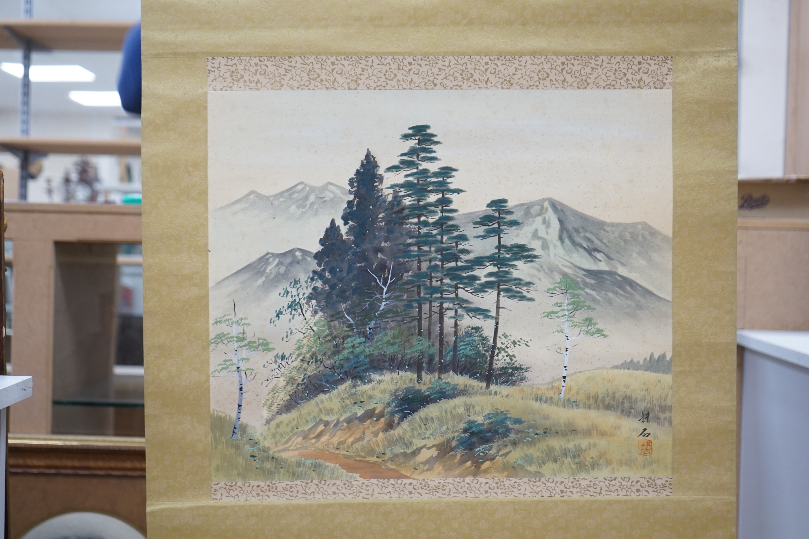 Nakanishi Roseki (1807-1884), scroll painting , Landscape pines and birch, 42 x 50cm. Condition - fair, foxing